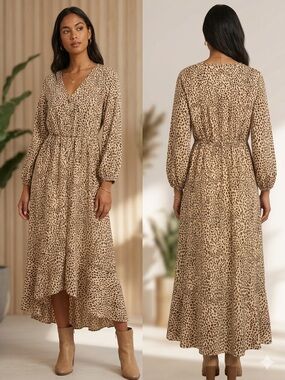 Brovave Animal Print Tiered Maxi Dress Women’s Medium Boho Long Sleev